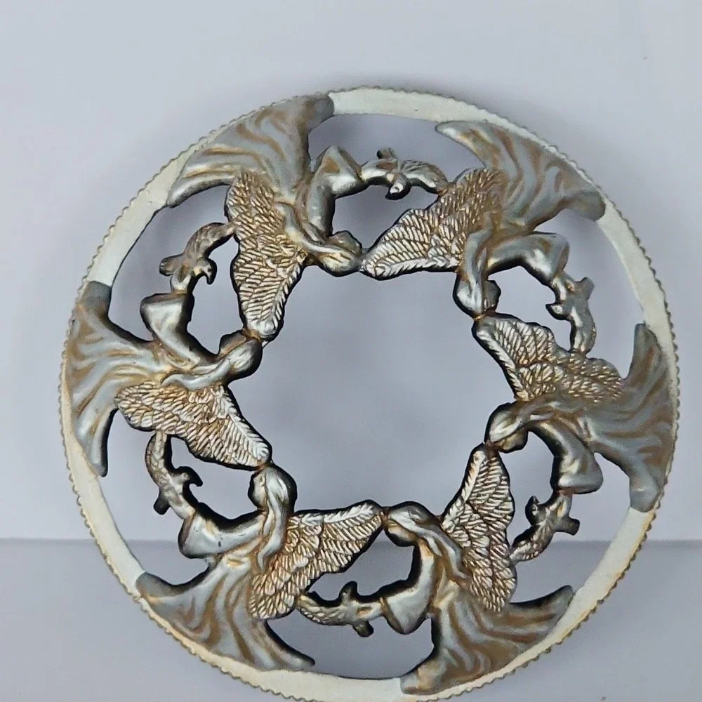 Vintage Angel Circle Candle Topper Silver Gold Tone Snowflake Rim‎ Holiday Decor